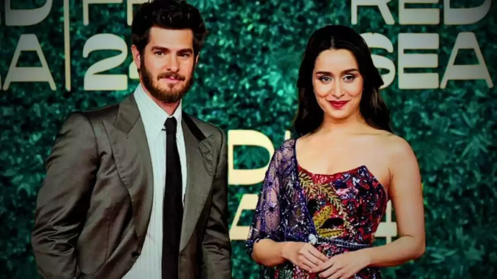 Shraddha Kapoor and Andrew Garfield posing at the Red Sea Film Festival.